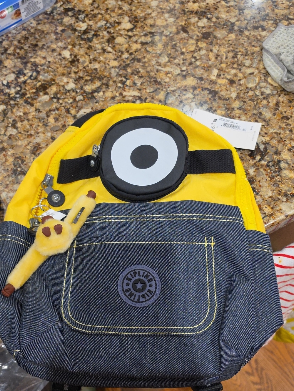 Kipling Yellow and Denim Kids Backpack with Plush Monkey Charm